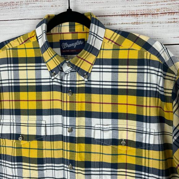 Mens VTG Wrangler Western Button Up SS Yellow Blue Plaid Cotton Work Cowboy XL - Picture 1 of 6
